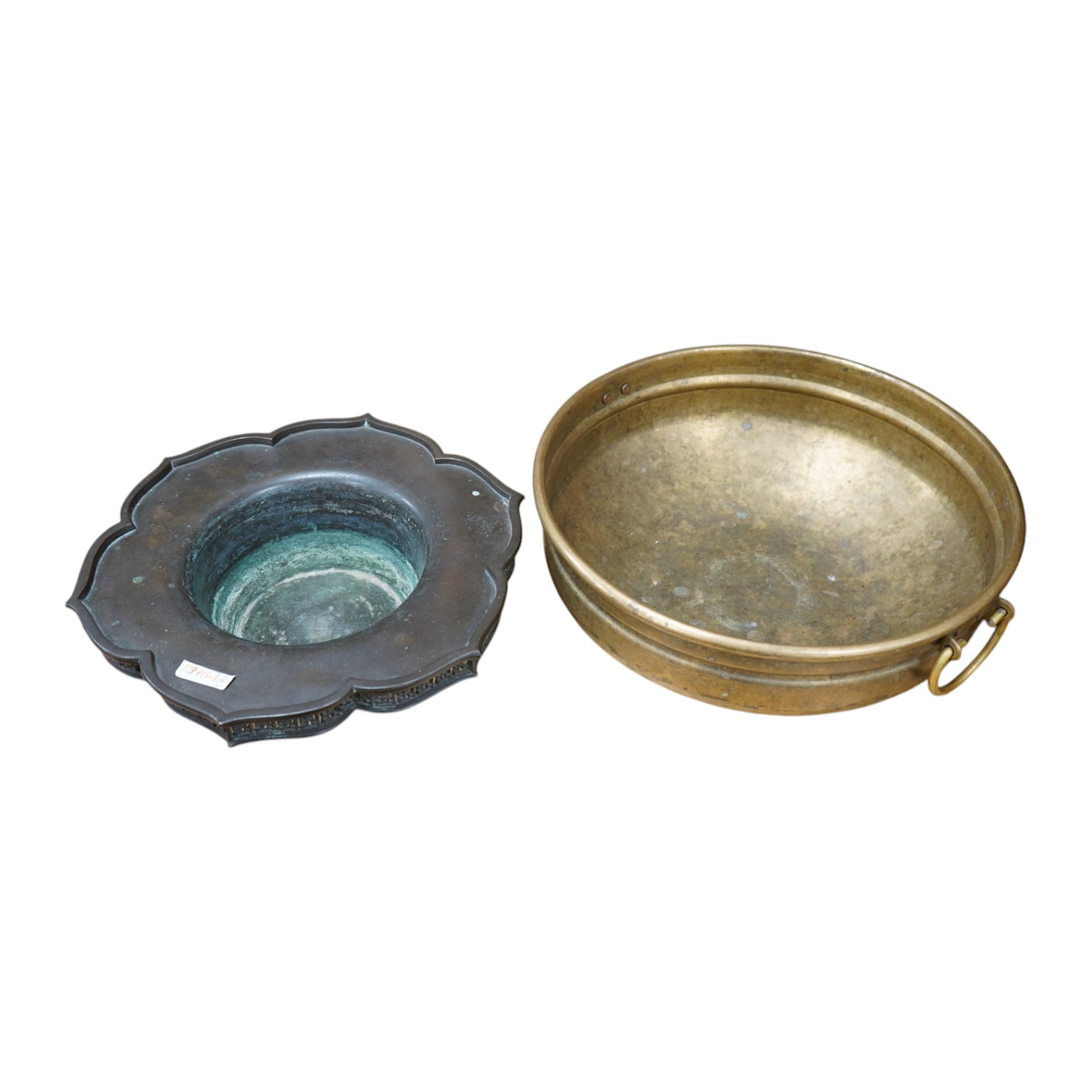 A Chinese bronze lotus dish with reticulated border, 27cm diameter, and a bronze two handled bowl, 29cm diameter. Condition - fair